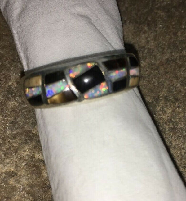 Navajo Men's White Opal & Black Onyx Inlay Ring | Sterling Silver | Sz 13.5 | Authentic Native American | 01789