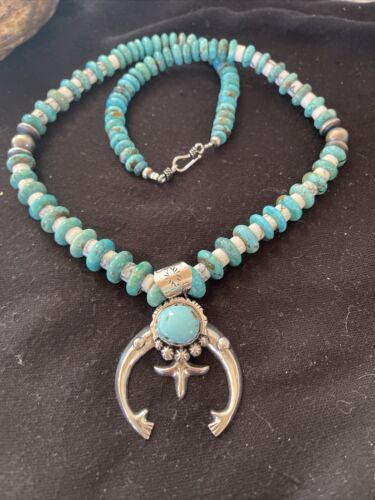 Navajo Kingman Turquoise Naja Pendant | Sterling Silver Howlite Necklace | Authentic Native American Handmade | 1388