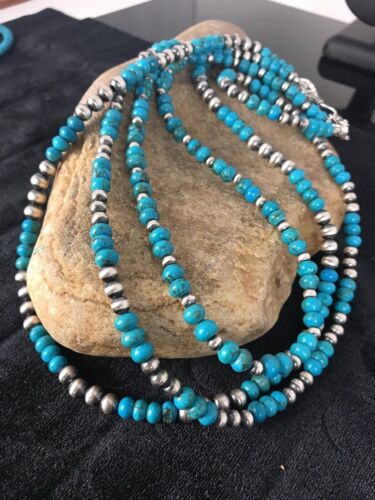 Navajo Blue Turquoise Necklace | 3 Strands | Sterling Silver | Authentic Native American Handmade | 3129