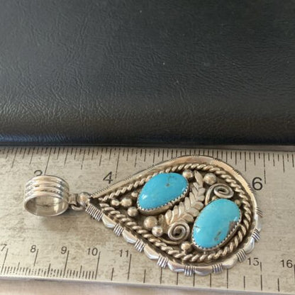 Southwestern Blue Turquoise Cluster Pendant | Authentic Men's Sterling Silver | Multi-Stone | 3" | 02104