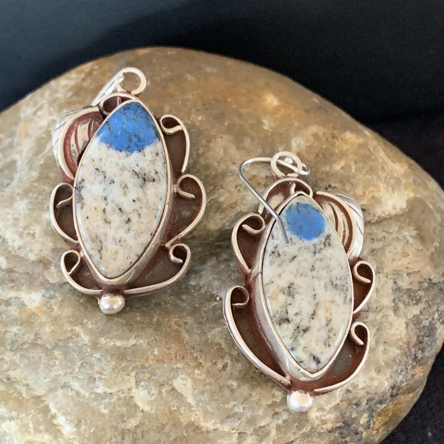 Navajo Azurite Quartz Dangle Earrings | Sterling Silver | Authentic Native American Handmade | 1249