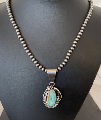 Women's Royston Turquoise Pendant Necklace | Navajo Pearls | Sterling Silver | Authentic Native American Handmade | 01182