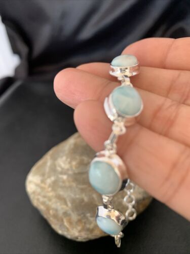 Navajo Blue Larimar 7 Link Bracelet | Sterling Silver | 7.5" | Authentic Native American Handmade | 10623