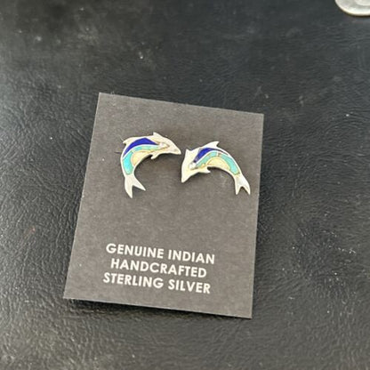 Navajo Multi-Color Dolphin Earrings | Turquoise Lapis Inlay | Sterling Silver | Authentic Native American Handmade | 14657
