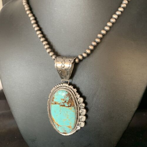 Navajo Pearls Sterling Silver Necklace with Blue #8 Turquoise Pendant | 3" | Authentic Native American Handmade | 13937 - Masha USA