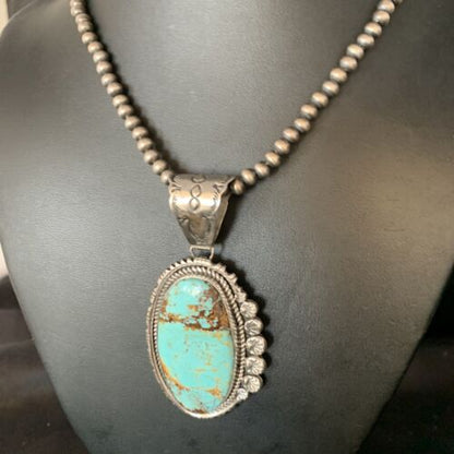 Navajo Pearls Sterling Silver Necklace with Blue #8 Turquoise Pendant | 3" | Authentic Native American Handmade | 13937 - Masha USA