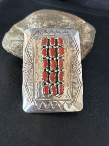 Navajo Red Coral Belt Buckle Concho | Sterling Silver | Authentic Native American Handmade | 14798