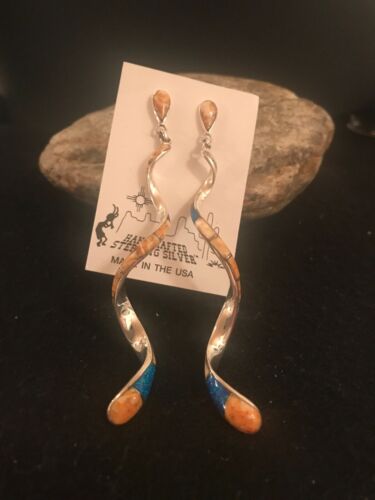 Navajo Snake Swirl Spiny Opal Inlay Sterling Silver Earrings | Long 3.25" Dangle | Southwestern Native American | 1059