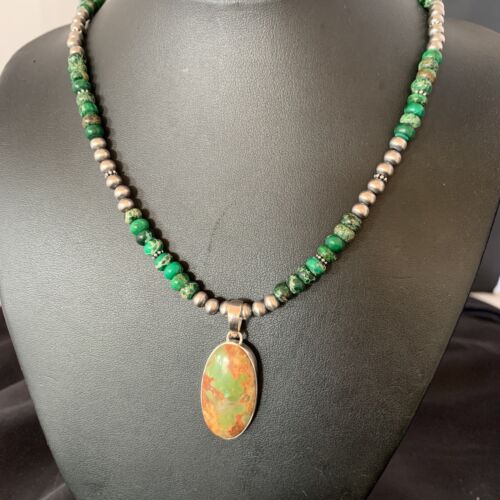 Navajo Pearls Green Turquoise Pendant Necklace | Sterling Silver Beads | Authentic Native American Handmade | 13309