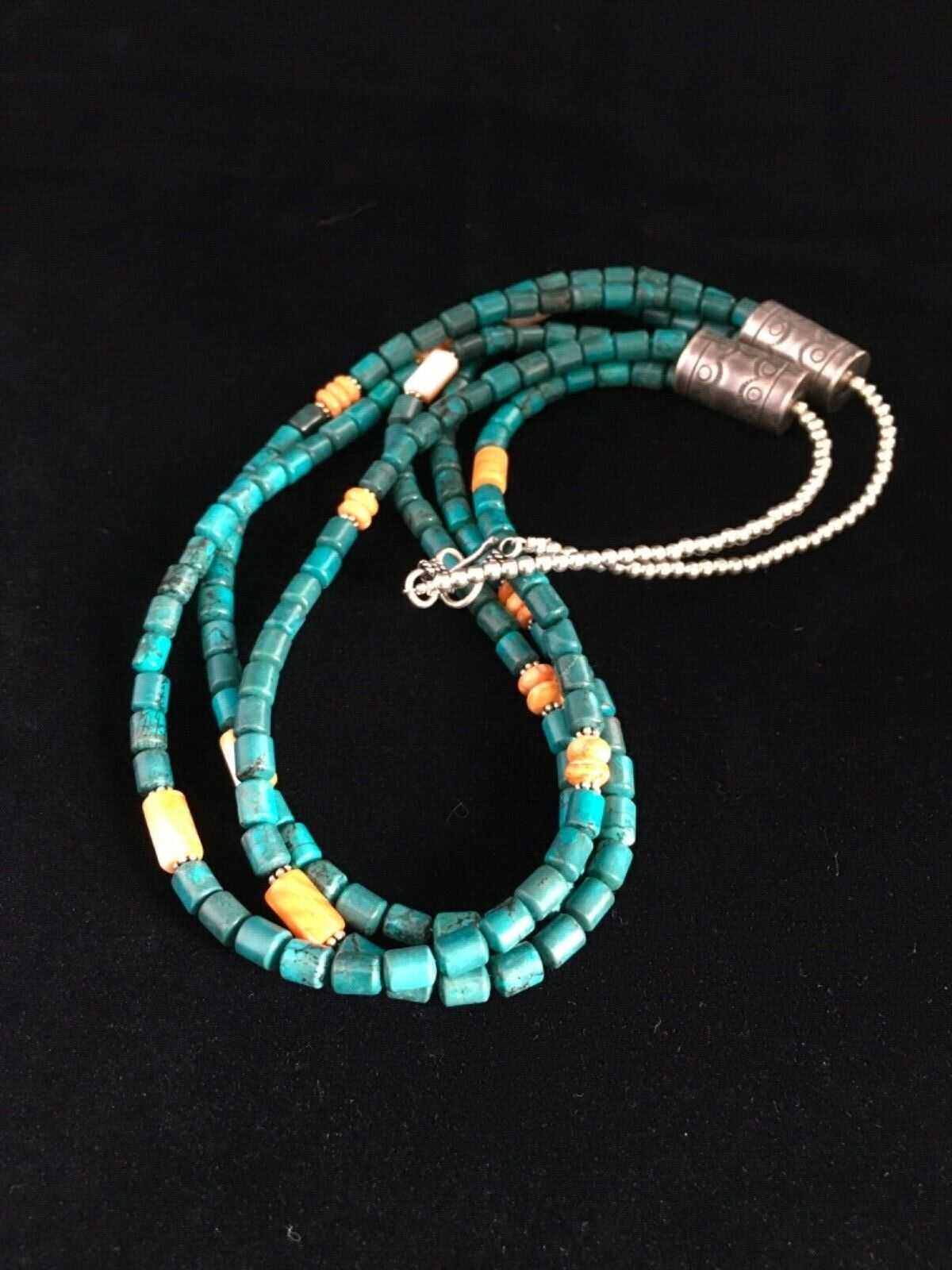Navajo Sterling Silver Blue Spiderweb Turquoise Spiny Necklace | 3-Strand | 24" | 1774