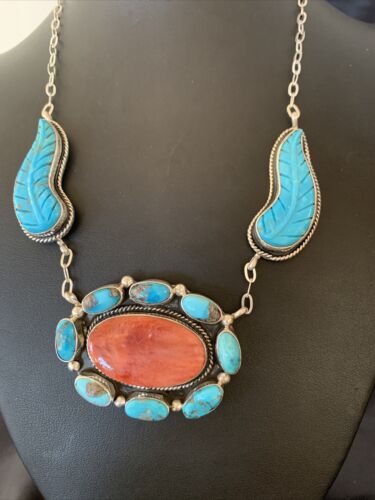 Navajo Red Spiny Oyster & Blue Turquoise Necklace | Sterling Silver | 21" | Authentic Native American Handmade | 2112