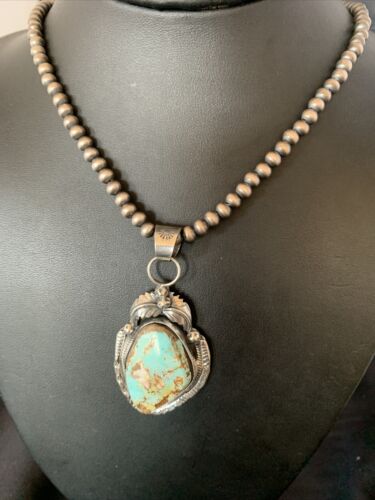 Men's Navajo Blue Dry Creek Turquoise Pendant | Sterling Silver | Pearl Necklace | Native American | 12970
