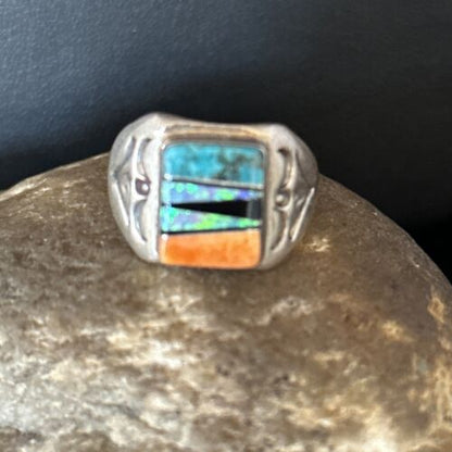 Navajo Sterling Silver Turquoise Spiny Oyster Inlay Ring | Sz 8.5 | Multi-Color | 14747 - Masha USA