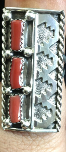 Navajo Red Coral Multi-Stone Ring | Authentic Native American Sterling Silver | Multi-Stone | Sz 7.5 | 10094