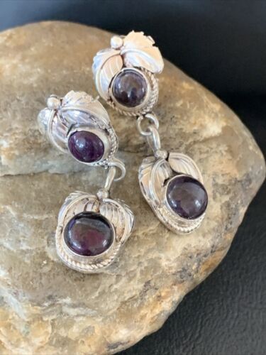Navajo Purple Sugilite Post Dangle Earrings | Sterling Silver | Authentic Native American Handmade | 1596