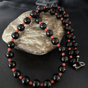 Men's Navajo Bamboo Coral Black Onyx Necklace | Sterling Silver | 20" | Authentic Native American Handmade | 14365