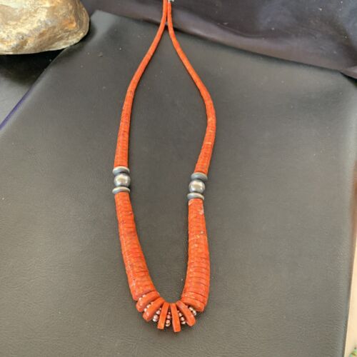 Navajo Apple Sponge Coral Bead Graduated Necklace | Sterling Silver | Authentic Native American | 25" | 11752