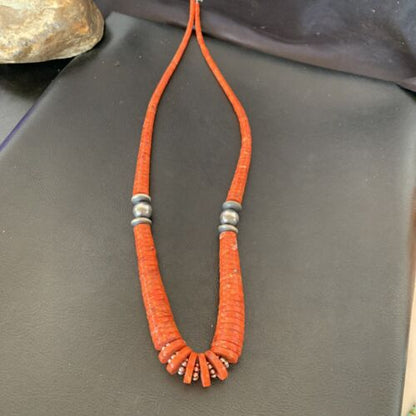 Navajo Apple Sponge Coral Bead Graduated Necklace | Sterling Silver | Authentic Native American | 25" | 11752