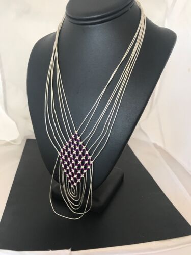 Native American Sugilite Heishi Tubes Necklace | 7 Strand Liquid Sterling Silver | 8560