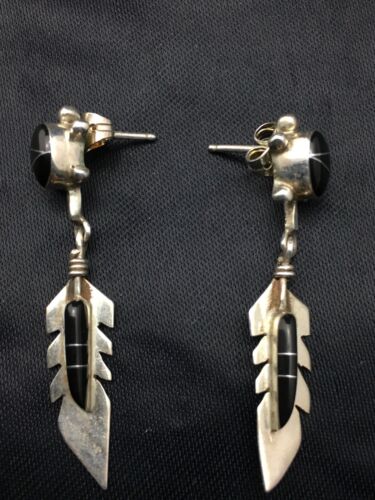 Navajo Black Onyx Earrings | Sterling Silver | Authentic Native American Handmade | 1" | 4438