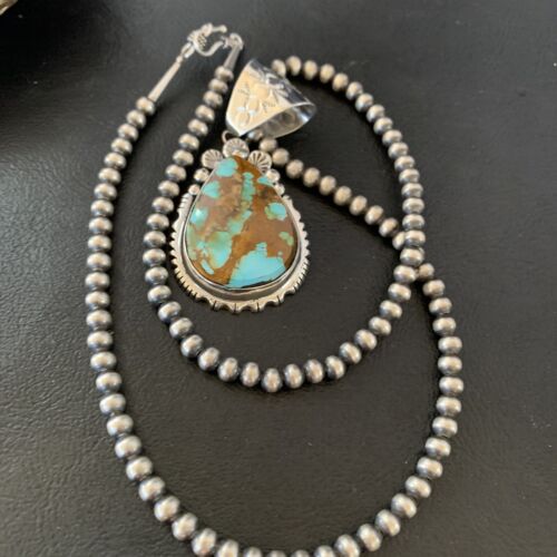 Navajo Pearls Necklace with Blue Royston Turquoise Pendant | Sterling Silver | Native American Handmade | 10764