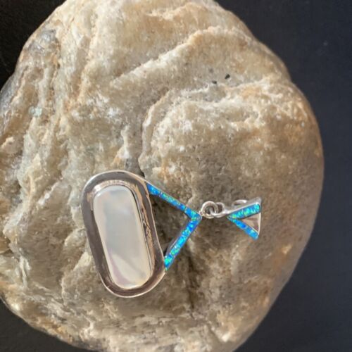 Authentic Native American Navajo Sterling Silver Pendant | White Mother of Pearl & Blue Opal Inlay | Handmade Jewelry | 12886