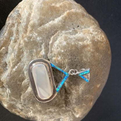 Authentic Native American Navajo Sterling Silver Pendant | White Mother of Pearl & Blue Opal Inlay | Handmade Jewelry | 12886