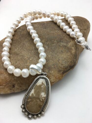 Nevada Turquoise and White Pearl Pendant Necklace | Sterling Silver | 20" | 4390