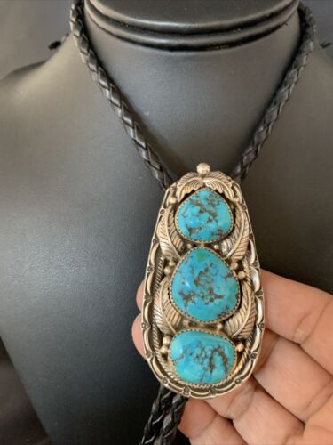 Ultra Rare Navajo Men's Bolo Tie | Blue Kingman Turquoise | Sterling Silver | Authentic Native American Handmade | 13667