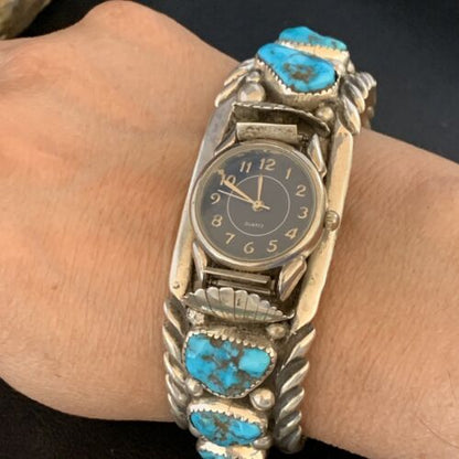 Navajo Sterling Silver Watch Cuff Bracelet | Blue Kingman Turquoise | Authentic Native American Jewelry | 13711