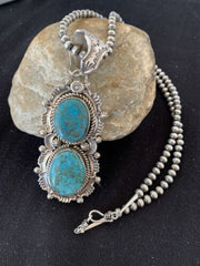Men's Sterling Silver Navajo Pearls Necklace | Blue Turquoise Pendant | Multi-Stone | Authentic Native American Handmade | 152