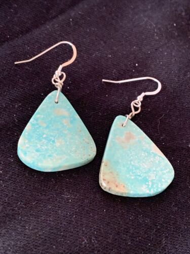Southwestern Navajo Slab Turquoise Dangle Earrings | Sterling Silver | Authentic Native American Handmade | 1323