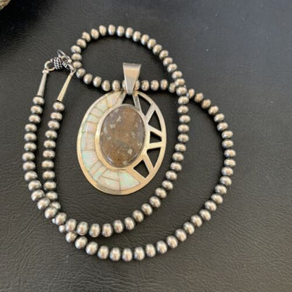 Navajo White Opal Inlay Jasper Pendant | Sterling Silver | 2.5" | Authentic Native American Handmade | 12271