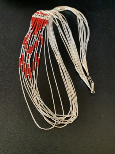 Red Coral Heishi Necklace | 10 Strand Liquid Silver | Sterling Silver Tubes | 26" | 13060