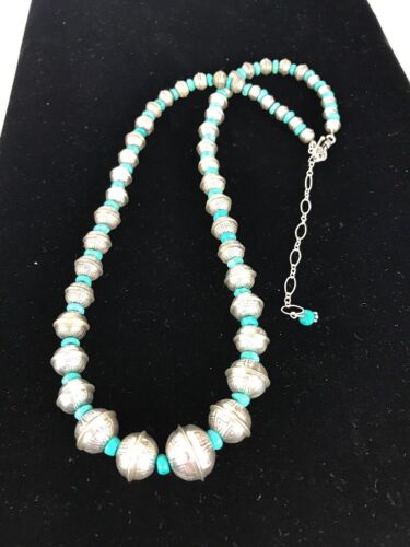 Navajo Pearls Turquoise Bead Necklace | Sterling Silver | 25" Single Strand | Southwestern | 00104