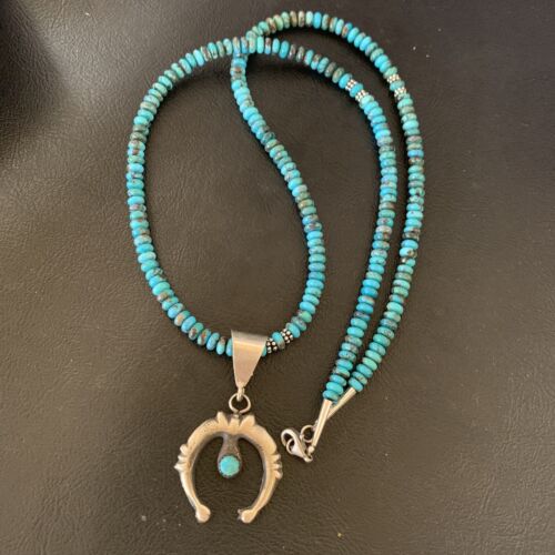 Navajo Sterling Silver Blue Turquoise Pendant Necklace | 6mm Beads | 24" | Authentic Native American Handmade | 12776