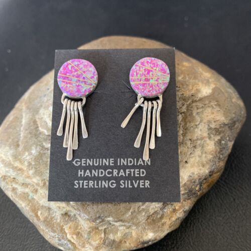 Native American Womens Navajo Sterling Silver Pink Opal Earrings Set12758