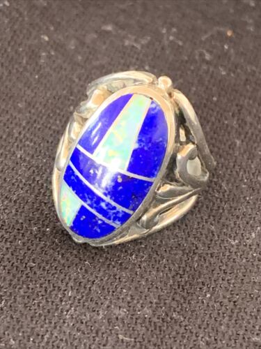 Native American Navajo Lapis & Opal Inlay Ring | Sterling Silver | Sz 7 | 1484