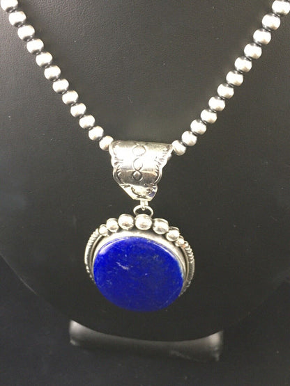 Men's XL Navajo Pearls Necklace Pendant | Sterling Silver Blue Lapis | Authentic Native American Handmade | 10116