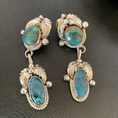 Handmade Navajo Spiderweb Turquoise Dangle Earrings | Sterling Silver | Authentic Native American | 1481