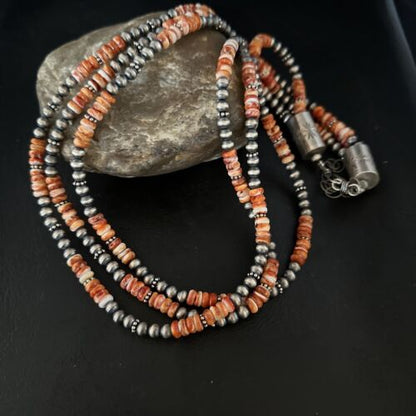 Navajo Pearls Necklace | Sterling Silver | Orange Spiny Oyster | 3-Strand | 22" | 14675