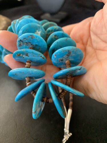 Authentic Native American Kingman Turquoise & Shell Necklace | Sterling Silver | 33" | Navajo Graduated | 12159