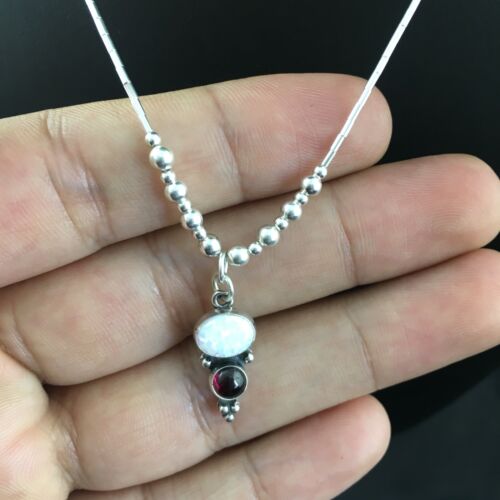 Children's Sterling Silver Necklace with Opal Garnet Pendant | 15" | Authentic Native American Handmade | 10132