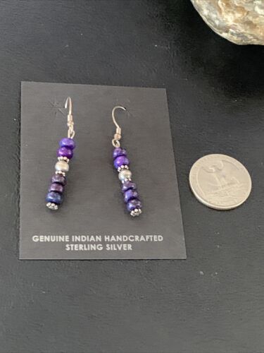 Navajo Purple Sugilite Dangle Bead Earrings | Sterling Silver | 1" | Authentic Native American Handmade | 13066