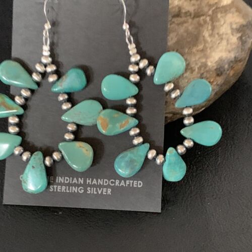 Navajo Green Cluster Turquoise Bead Earrings | Sterling Silver | Authentic Native American Handmade | 13326