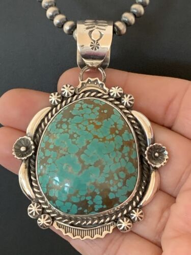 Men's Navajo Pearls Necklace Pendant | Sterling Silver | Blue Turquoise #8 | Authentic Native American Handmade | 529