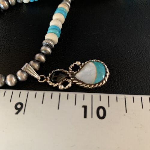 Navajo Mother of Pearl Turquoise Onyx Inlay Pendant Bead Necklace | Sterling Silver | Native American Handmade | 13566