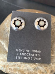 Navajo White Opal Post Shadow Box Earrings | Sterling Silver | 0.25" | Authentic Native American Handmade | 13036