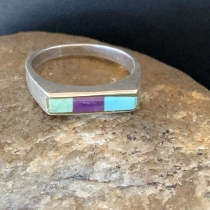 Navajo Blue Lapis Turquoise Purple Spiny Oyster Inlay Ring | Sz 7 | Authentic Native American Handmade | 11142