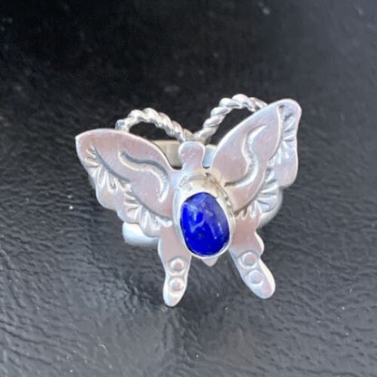 Navajo Navy Blue Lapis Butterfly Ring | Sterling Silver | Sz Adj 8 | Authentic Native American Handmade | 10352